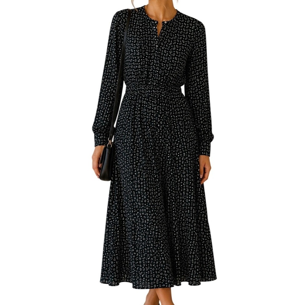 Trenery Green Paisley Polka Dot Long Sleeve Smocked Midi‎ Dress Women's 4